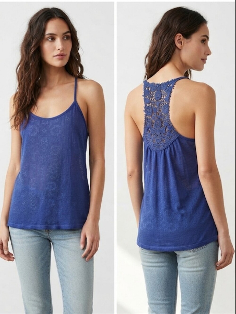 Full Tilt Crochet Back Racerback Cobalt Blue Sheer Tank size XL